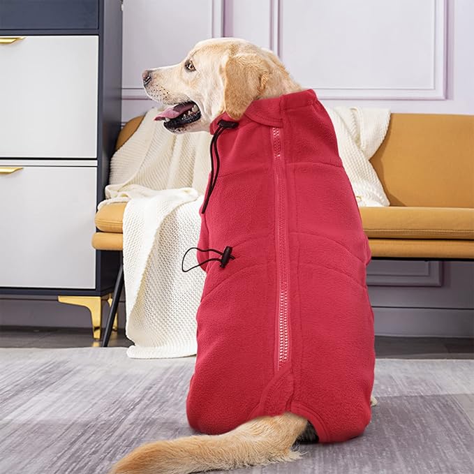 ROZKITCH Small Dog Fleece Pajamas, Pet Windproof Warm Cold Weather Jacket Vest Cozy Jumpsuit Apparel Outfit Clothes for Small Medium Large Dog Walking Hiking Sleep Red S
