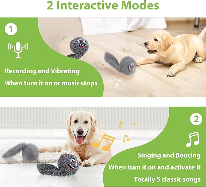 PETGEEK Interactive Squeaky Dog Toy, Automatic Moving Vibrating Dog Balls with Plush Cover, Rechargeable Perro Juguetes with Recording and Music Mode, Crinkle Pet Plush Toy for Boredom, Grey