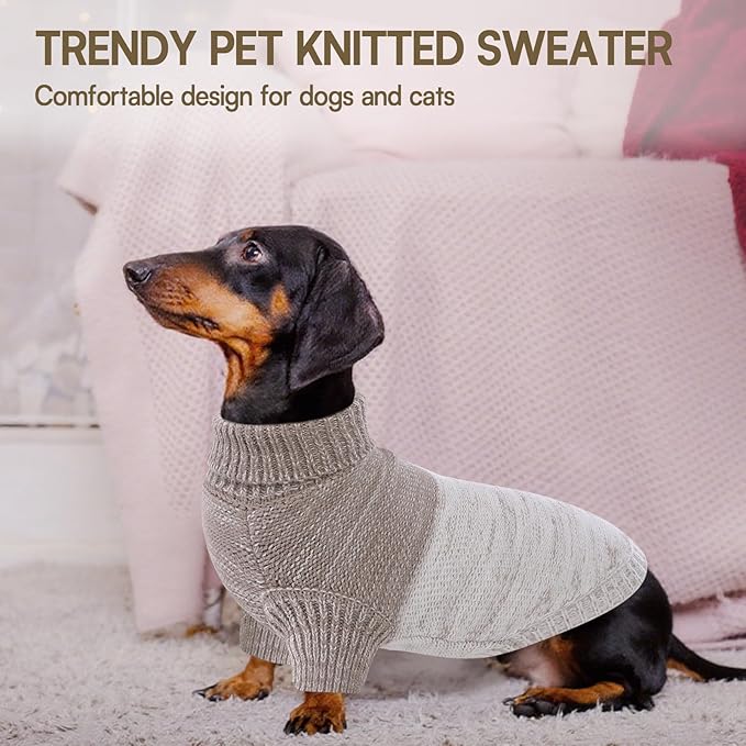 Queenmore Pullover Large Dog Sweater,Classic Turtleneck Warm Pet Sweater with Leash Hole for Dog Girls Boys,Winter Knitwear Clothes for Dachshund,Corgi,French Bulldog(Khaki,L)