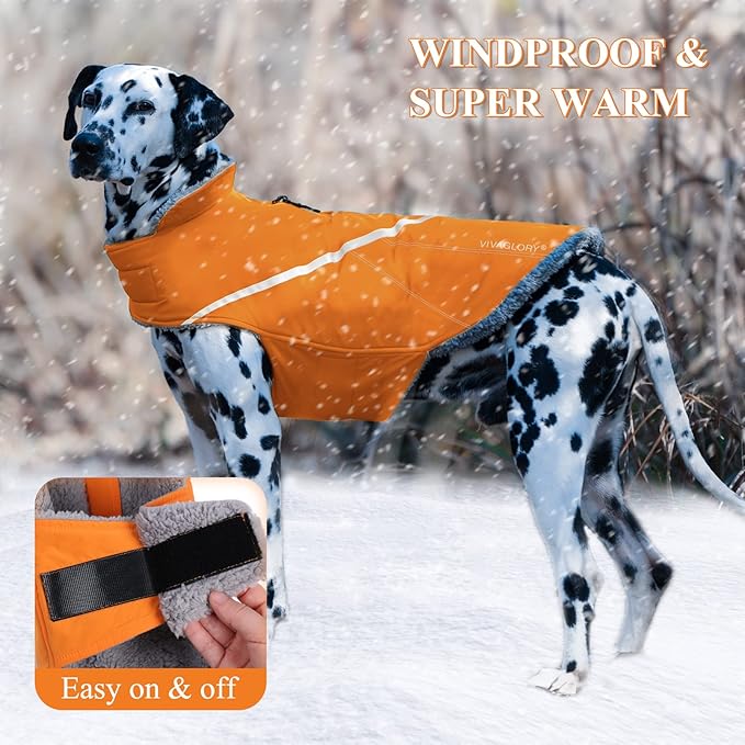 VIVAGLORY Snowrap Dog Coat, Jacket with Harness Hole & Velcro Closure, Dog Coat for Winter & Cold Weather, Fluffy Warm Fleece Lined Reflective Water Resistant for Puppy, S, Orange
