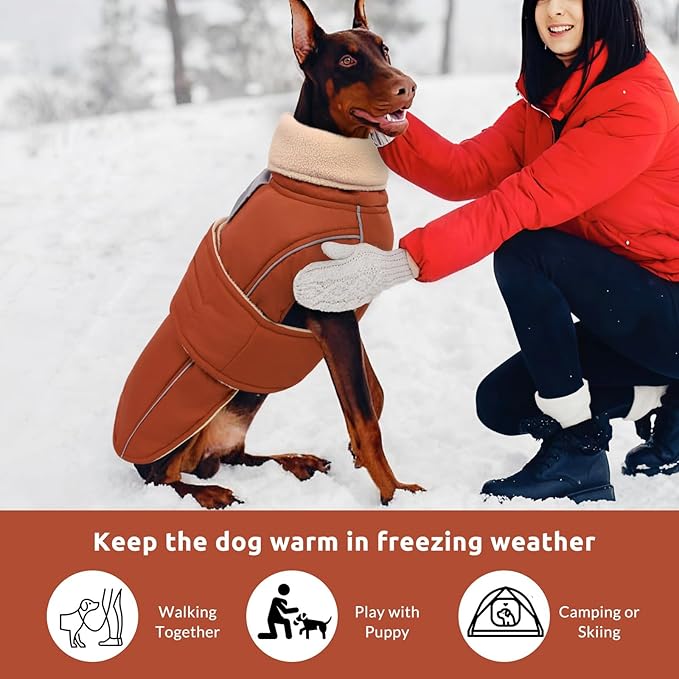 ASENKU Warm Dog Coat, Waterproof Dog Jackets for Large Dogs with Reflective Fleece Vest Turtleneck with Button,Windproof Cold Weather Coats for Small Medium Large Dogs, Red Brown, 4XL