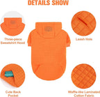 BEAUTYZOO Small Dog Hoodie Sweater with Pockets, Dog Clothes for Small Medium Dogs Boy Girl, Waffle-Like Laminated Cotton Pet Coats with Hat and Leash Hole, Orange L
