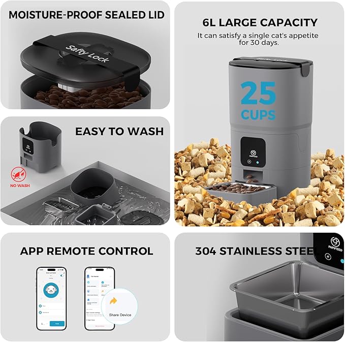 PAPIFEED Automatic Cat Feeder Upgrade, WiFi Pet Feeder with APP Control for Remote Feeding, Detachable for Easy Clean, Dual Power Supply,1-10 Meals Per Day for Multiple Pets(Gray)