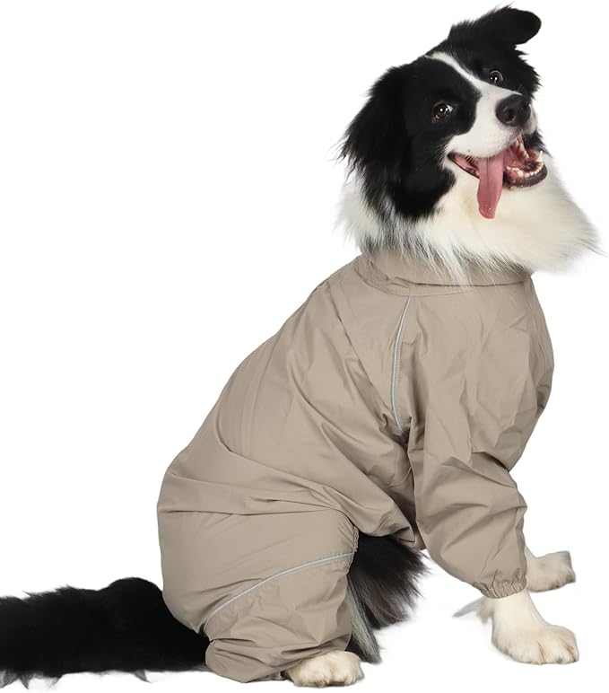 Dog Raincoat for Medium Large Dogs,rain Jacket Coat, Full Leg Coverage Waterproof Rain Suit with Detachable Hood & Tail, Reflective Strips, Snag-Free Top Zipper (Khaki for Boy, X-Small)