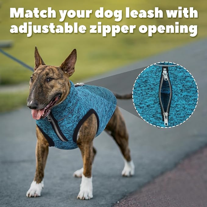 ROZKITCH XXX-Large Dog Sweater with Fleece Lining, Knit Fabric Pet Jacket Jumpsuit, Adjustable Reflective Vest with Zipper Opening on The Back and Neck for Harness, Easy Maintenance Blue, 3XL