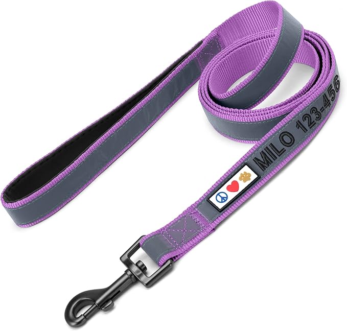 Pawtitas Personalized Dog Leash Embroidered Customize Leash for Your Pet Name & Phone Number, Reflective 6 ft Long Purple Orchid Custom Tag