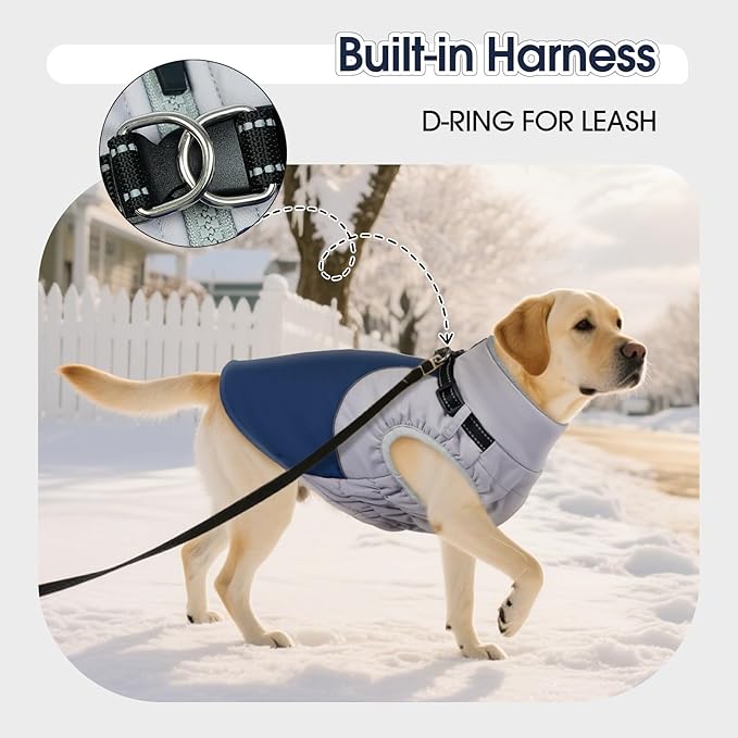 DENTRUN Dog Coat with Harness Built in, Easy On/Off Zipper Closure Winter Dog Vest, Water-Repellent Fleece Lined Warm Jacket with Reflective for Small Dogs, Dark Blue, XS