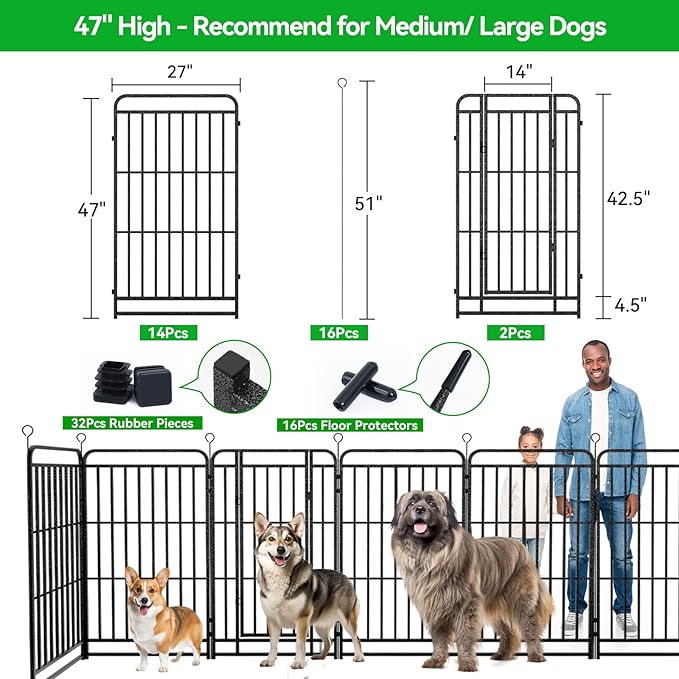 Square Steel Pipe Dog Fence Outdoor 16 Piece Panels 47" Height Anti-Rust Heavy Duty Dog Playpen with Doors Portable for Yard RV Camping, Total 36FT, 103 Sq.ft, Snowy Black