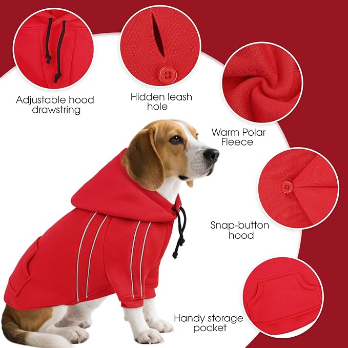 ASENKU Cozy Dog Hoodie，Soft Sweater with Adjustable Hood, Back Pocket and Leash Access Hole，Warm Reflective Sweatshirt for Cold Weather（Red，M