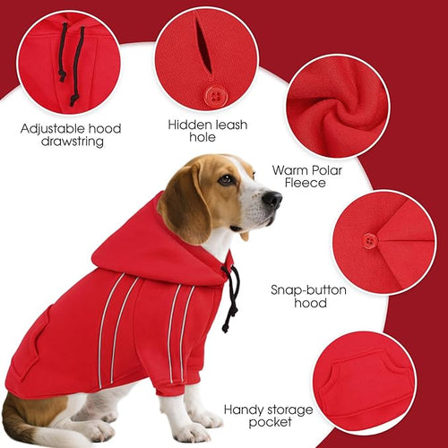ASENKU Cozy Dog Hoodie，Soft Sweater with Adjustable Hood, Back Pocket and Leash Access Hole，Warm Reflective Sweatshirt for Cold Weather（Red，XS