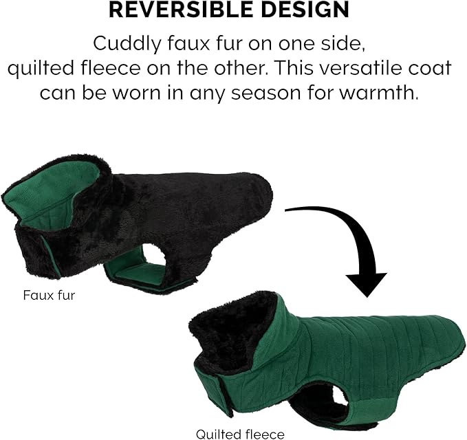 Furhaven Reversible XS Dog Coat, Washable & Insulating w/ Leash Access - Faux Fur & Quilted Fleece Flex-Fit Jacket - Black/Green, Extra Small