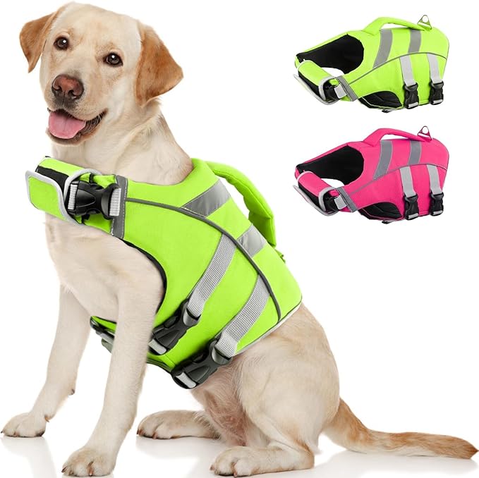 Kuoser Small Dog Life Jacket with Reflective Stripes, Adjustable High Visibility Dog Life Vest for Swimming & Boating, Green XS