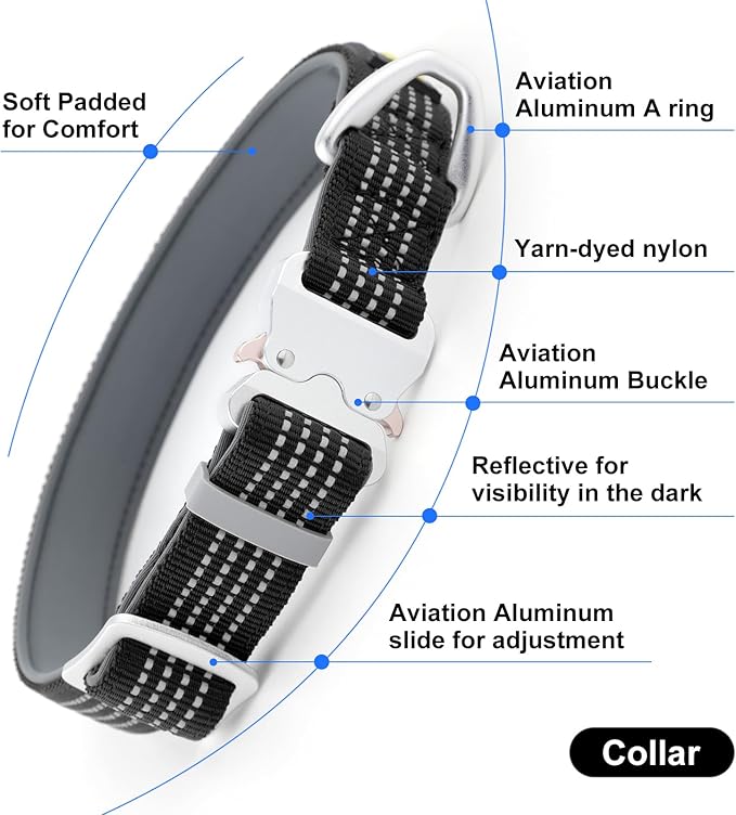 Plutus Pet Reflective Dog Collar with Aviation Aluminum Buckle, Neoprene Padded for Comfort, Lightweight, Heavy Duty Nylon Collar for Puppy Small Medium Large Dogs (Black, M)