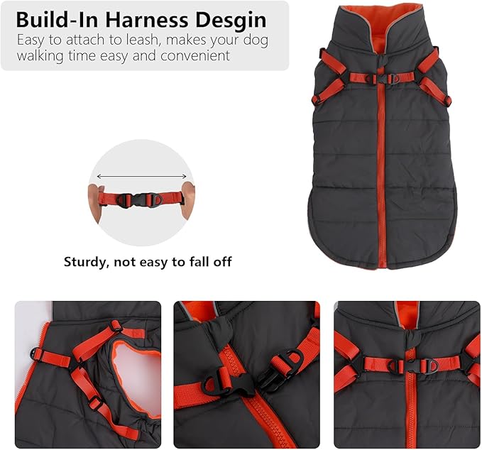 Geyecete Winter Warm Coat Waterproof Dog Winter Jacket with Harness Traction Belt,Windproof Pet Outdoor Jacket Dog Autumn-Gray-S