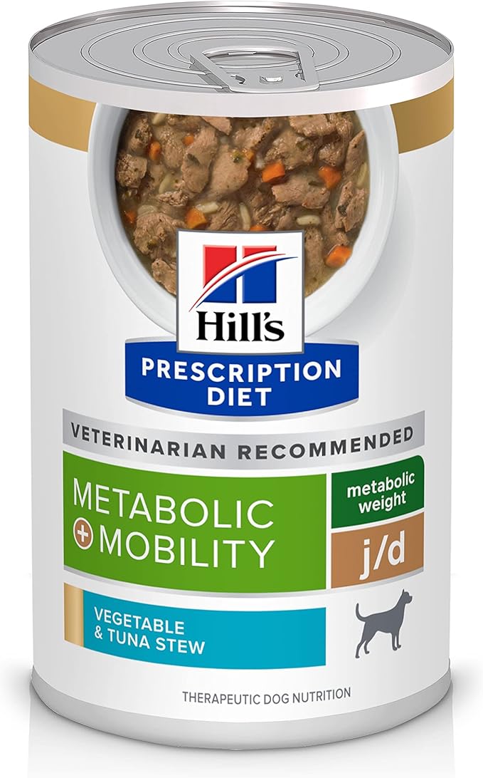 Hill's Prescription Diet Metabolic + Mobility, Weight + j/d Joint Care Vegetable & Tuna Stew Wet Dog Food, Veterinary Diet, 12.5 oz. Cans, 12-Pack