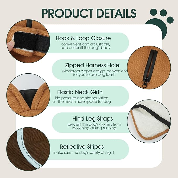 Kuoser Canvas Dog Coat, Warm Dog Jacket Reflective Fleece Pet Cold Weather Coat, Warm Doggie Clothes Waterproof Winter Vest with Zipper Leash Hole for Small Medium Large Dogs, Brown L