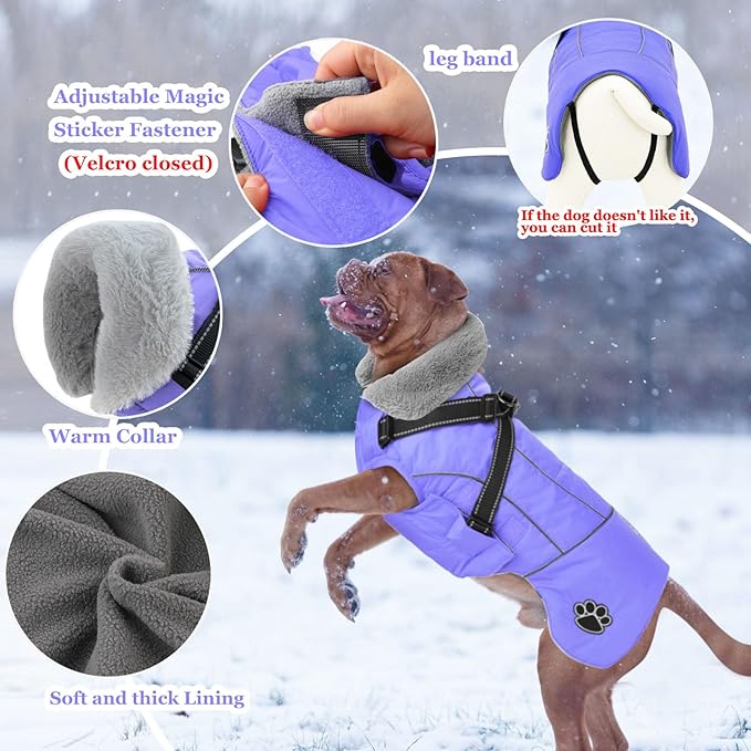 Doglay Dog Coat with Harness, Reflective Warm Dog Jacket Waterproof Puppy Winter Coat for Cold Weather, Adjustable Fleece Jacket for Small Medium Large Dogs