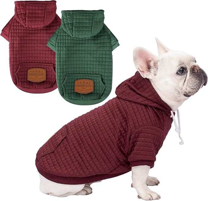 2 Pack Dog Hoodie Sweaters for Small Medium Dogs Warm Dog Clothes for Large Dogs Soft Waffle-Like Laminated Sweatshirt Bulldog (Dark Green+Wine Red, M (Back: 15.5",Chest: 21.6", Neck: 13"))