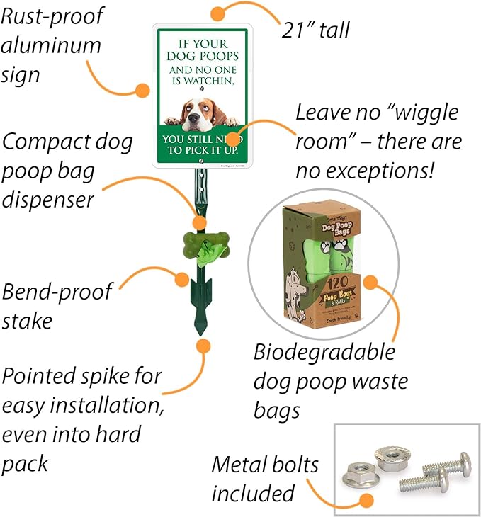 SmartSign If Your Dog Poops You Still Need To Pick Up Yard Sign & Clip-On Preloaded Dispenser Combo/Kit with 135 Dog Poop Waste Bags, 7"x10" Rust-proof Aluminum Sign with 18-inch Steel Stake
