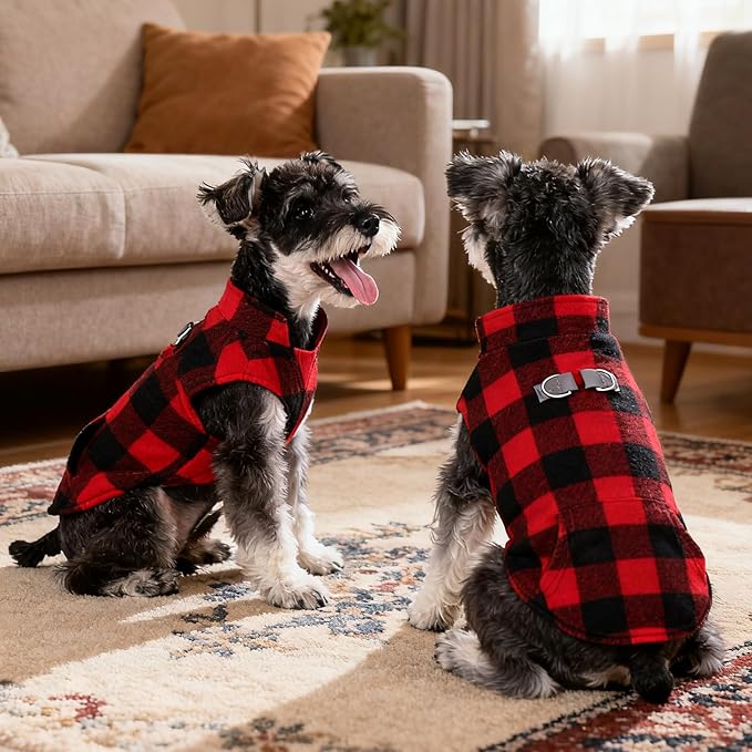 KOOLTAIL Dog Fleece Vest Sweater, Warm Puppy Christmas Jacket with Dual Leash D-Ring and Pocket for Small Medium Dogs, Cozy Soft Pet Winter Cold Weather Coats Fall Clothes Hoodie Boy Girl,Red Plaid M