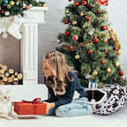 Cat Tunnel Bed Under Christmas Tree 36'' Kitten Circle Donut Tunnel Skirt with Ball Mat Decorative Xmas Folding Home Kitty Guard Tube Holiday Party Indoor Pet (Brown Black White,Cowhide)