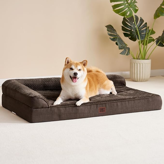 EHEYCIGA Memory Foam Dog Bed Large Sized Dogs, Pet Bed for Large Dog for Crate with Waterproof Liner, Pet Couch Bed Orthopedic with Washable Removable Cover, 35x23x6 Inches, Brown