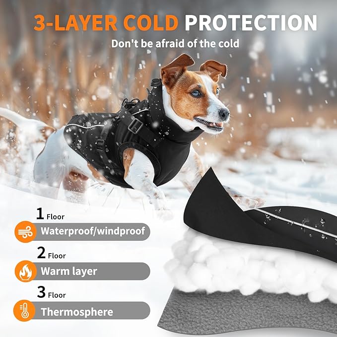 Dog Winter Coat Reflective Water-Resistant Jacket, Fleece Lined Windproof Puppy Coat with Back Zipper & D-Ring, Cold Weather Dog Coats for Small Medium Large Dogs (XL, Black)
