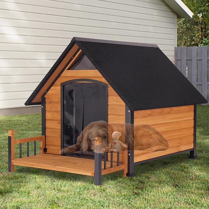 Dog House with Heating Pad, Weatherproof Outdoor Kennel for Large Dogs, Chew-Resistant Iron Frame & Asphalt Roof (Wood, XL)