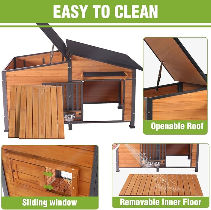 GUTINNEEN Extra Large Heated Dog House Insulated Dog Kennel Weatherproof Dog Shelter with Safe Heating Pad, Chew-Proof Metal Frame, Rotatable Spill-Proof Bowl for Large Dog Breeds, 60"L x 36"W x35.4"H