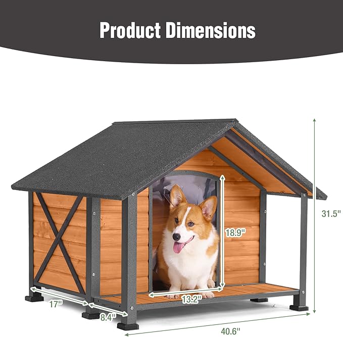Heated Dog House, Outdoor Dog House Insulated for Winter with Heating Pad, Weatherproof Wooden Dog Kennel with Porch, Iron Frame, Openable Roof & Removable Floor