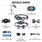 Airtag Cat Collar with Bells, Kitten Collar Breakaway for Girl Boy Cats, Safety Cat Collars with Bow Tie, Cat Collar Airtag Holder for Small Dogs Pets, 1 Pack Adjustable Plaid Design, Blue