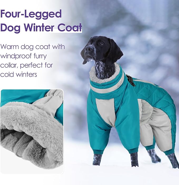 SUNFURA Full Body Dog Coat - Warm Fleece Jacket for Large Dogs, Turtleneck Winter Coats with Harness, Reflective Dog Snowsuit Windproof Puffer Jackets with Legs for Weimaraner, Turquoise XL