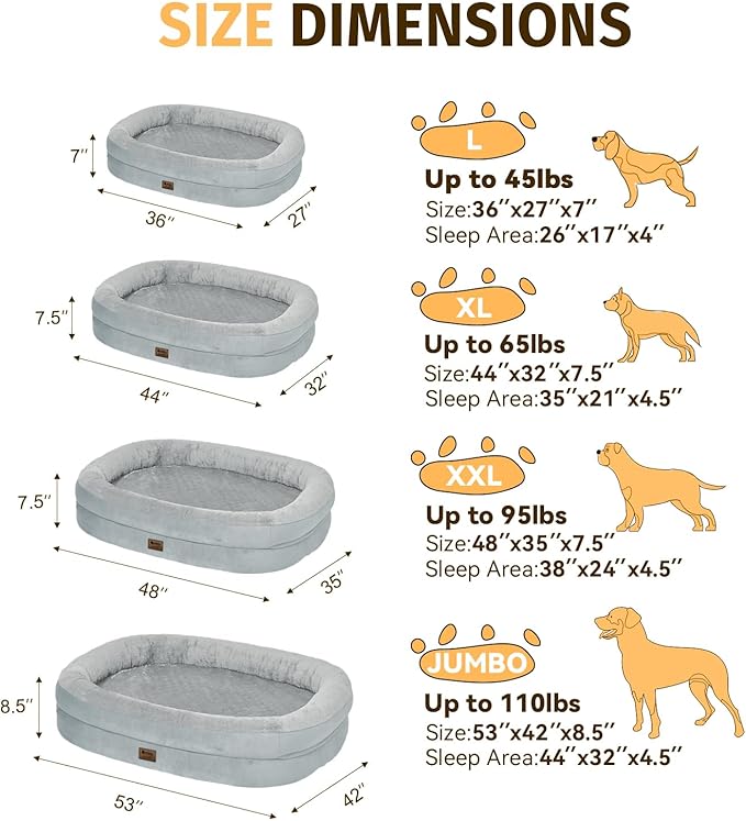 Orthopedic Waterproof Large Dog Bed: Memory Foam Washable Dog Bed with Bolsters - XXL Orthopedic Removable Cover for Medium Large Sized Pet - Non-Slip Bottom - Silver