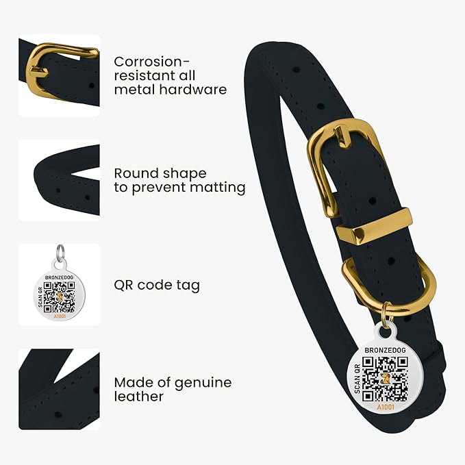 BronzeDog Rolled Leather Dog Collar with QR ID Tag, Adjustable Soft Round Collars for Small Medium Large Dogs Puppy (9" - 11" Neck Size, Dark Blue)