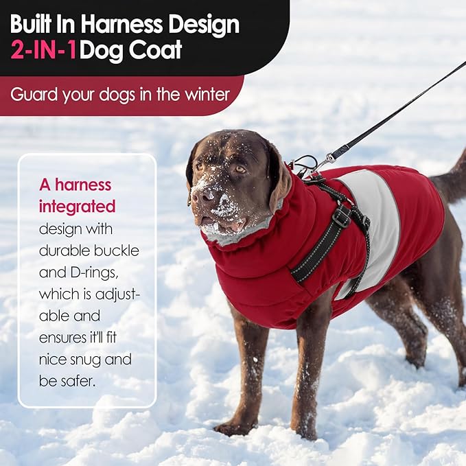AOFITEE Dog Winter Coat, Dog Coat with Harness Built in, Dogs Jacket for Large Dogs, Reflective Waterproof Pet Puffer Jacket Snowsuit, Warm Fleece Windproof Pet Sweater for Cold Weather, XL