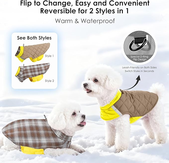 Quilted Dog Winter Coat, Plaid Lined Reversible Vest, Reflective Safety Strip, Cold Weather Pet Apparel Yellow M