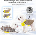 Quilted Dog Winter Coat, Plaid Lined Reversible Vest, Reflective Safety Strip, Cold Weather Pet Apparel Yellow XXS