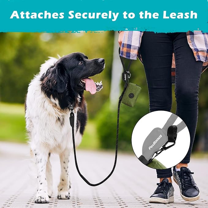 PetBonus Dog Poop Bag Holder, Portable Pet Waste Bag Dispenser, 2 Pouches for Treats and Walking Accessories, Fit All Leashes, Includes 1 Roll of Dog Poop Bags (Army Green)