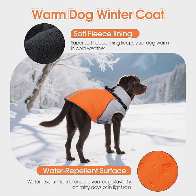 DENTRUN Dog Coat with Harness Built in, Heavy Duty Winter Dog Coat, Warm Fleece Lined Adjustable Belly for German Shepherd, Orange, XXL