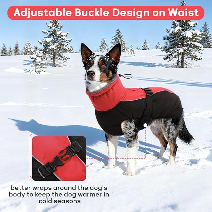 IDOMIK Dog Winter Coat, Reflective Waterproof Dog Jacket for Cold Weather, Warm Pet Coats for Small Medium Large Dogs, High Collar Doggy Fleece Snow Jacket, Winter Vest with Adjustable Buckle,L