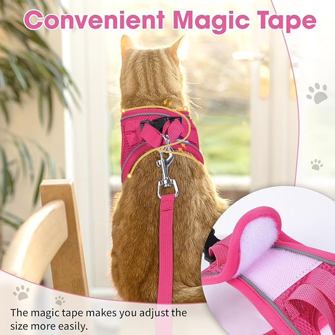 Cat Vest Harness and Leash Set for Walking Escape Proof, Adjustable Kitten Harness Breathable Mesh with Reflective Strips Harness for Kitty Puppy Bunny (Pink,M)