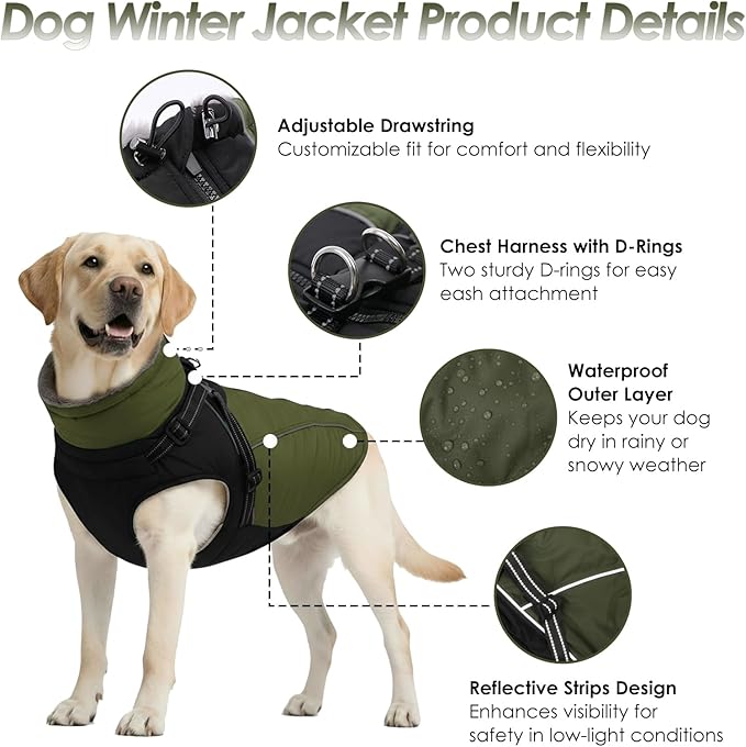 ASENKU Reflective Dog Coat with Built-in Harness, Windproof Fleece-Lined Dog Jacket for Small, Medium, Large Dogs, Warm Winter Vest with Turtleneck & Zipper (Green M)