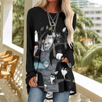 Womens Tunic Shirt Cute Cat Print Long Sleeve Round Neck Women T Shirts Cotton Casual Plus Size Vacation Tunics Tops