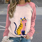 Abstract Cute Cat Shirts for Women Long Sleeve Lady Crewneck Pullover Sweatshirt Fall Winter Oversized Tops