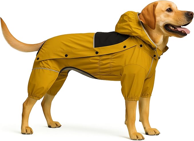 LOVELONGLONG Fleece-Lined Dog Raincoat with Removable Hood – Waterproof Winter Full Body Dog Jacket – Windproof Snowproof Cold-Weather Suit – Yellow-F XL