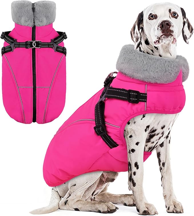AOFITEE Dog Coat for Large Dogs, Waterproof Dog Jacket Winter with Harness Built in, Warm Fleece Pet Puffer Jacket with Zipper, Cold Weather Coats for Dogs, Reflective Pet Snowsuit, Pink XXL
