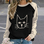 Abstract Cute Cat Shirts for Women Long Sleeve Lady Crewneck Pullover Sweatshirt Fall Winter Oversized Tops
