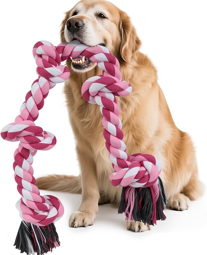 SZEE Dog Rope Toy for Large Dogs, 37 Inch 5 Knots, Large Dog Toys for Aggressive Chewers, Durable & Tough Tug of War Rope, for Teeth Cleaning & Boredom Relief (Pink)