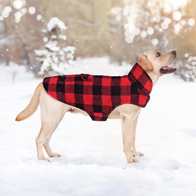 Malier Classic Plaid Fleece Dog Coat - Warm Winter Jacket with Pocket, Windproof - Red, X-Small