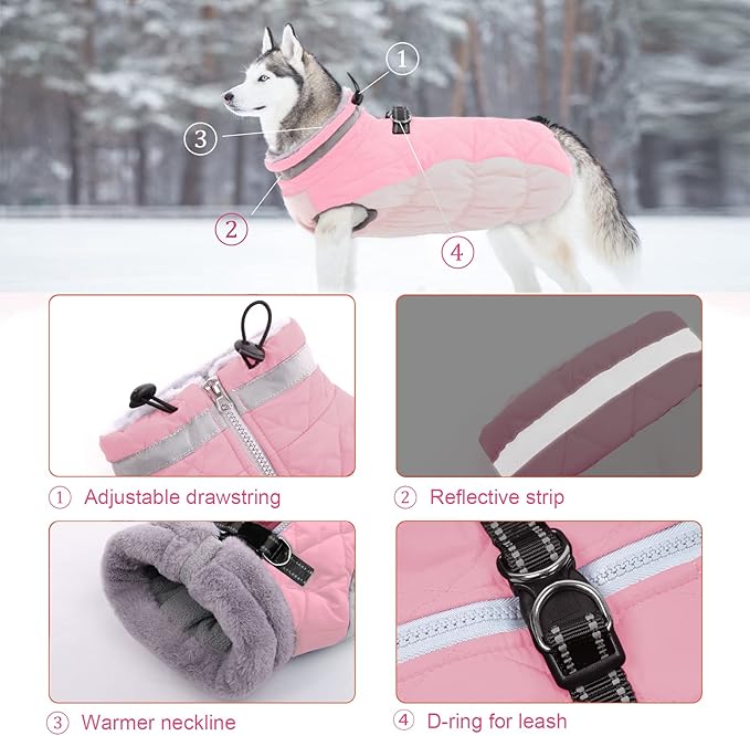 Lelepet Dog Coat Warm Dog Winter Coat Waterproof Dogs Jacket with Harness Built in Reflective Pet Fleece Vest Zip-Up Cold Weather Coats for Medium Dogs Turtleneck & Windproof Coats Dachshund Pink M